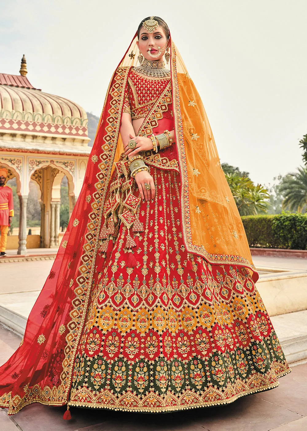 Multicolor Red Bridal Wear Heavy Embroidered Silk Lehenga Choli