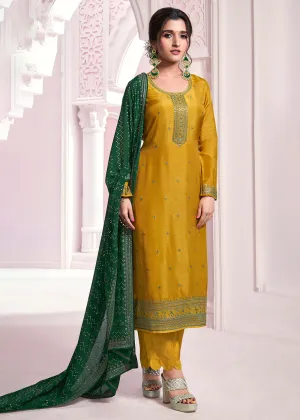 Mustard Yellow Thread Embroidered Silk Salwar Suit