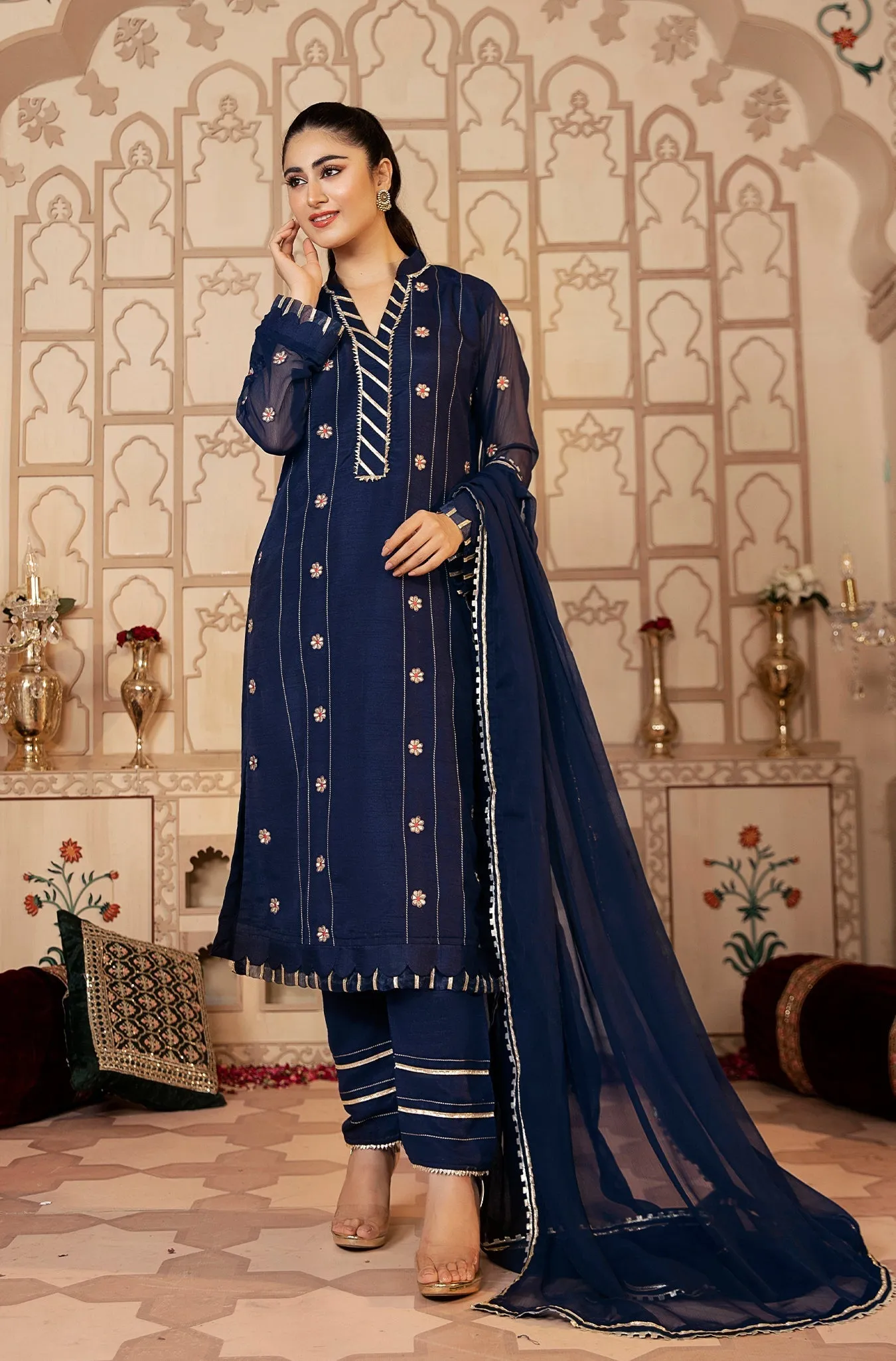 Navy Blue Floral Embroidered Festive Suit (Gohare Nayab)