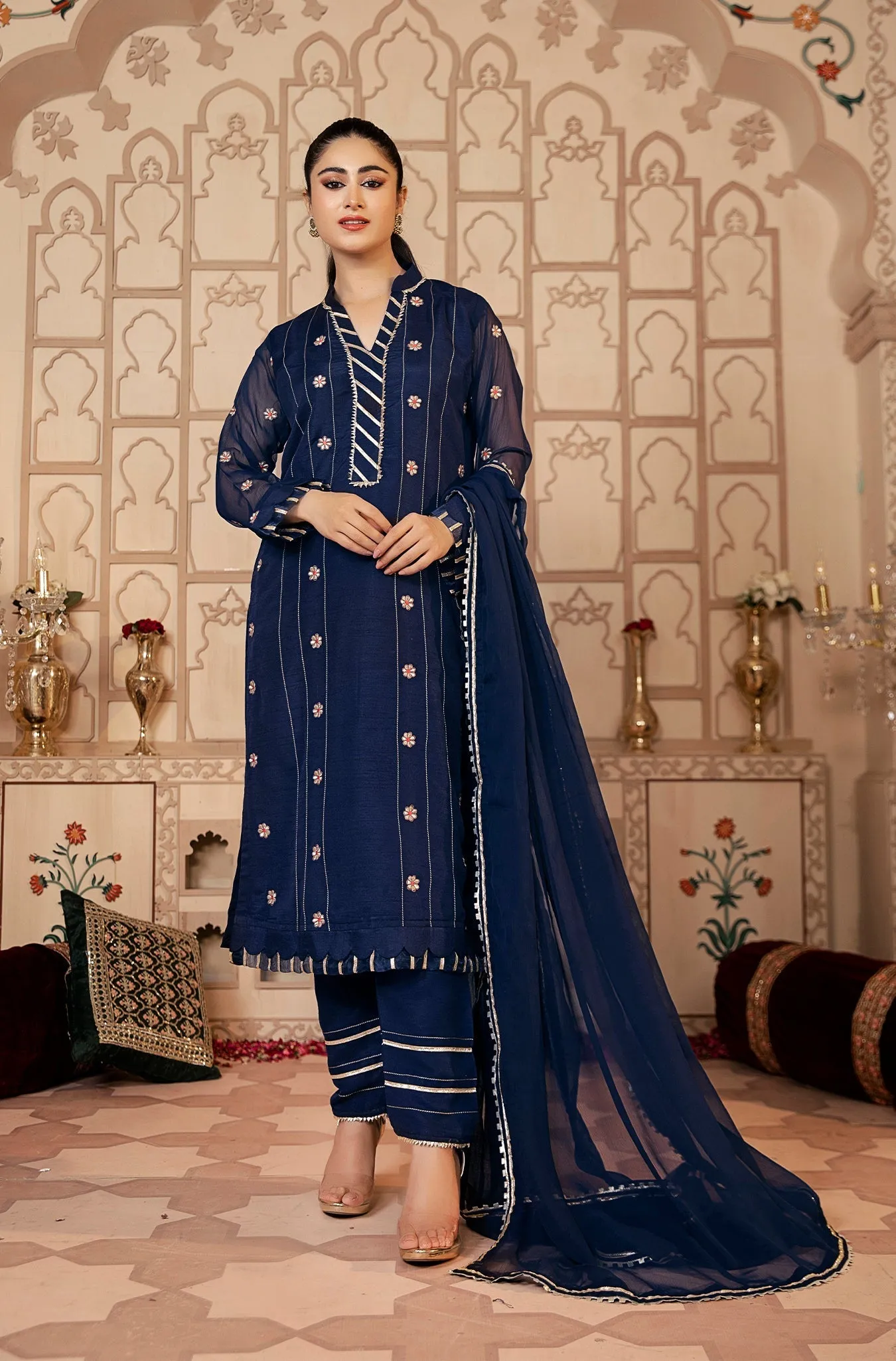 Navy Blue Floral Embroidered Festive Suit (Gohare Nayab)