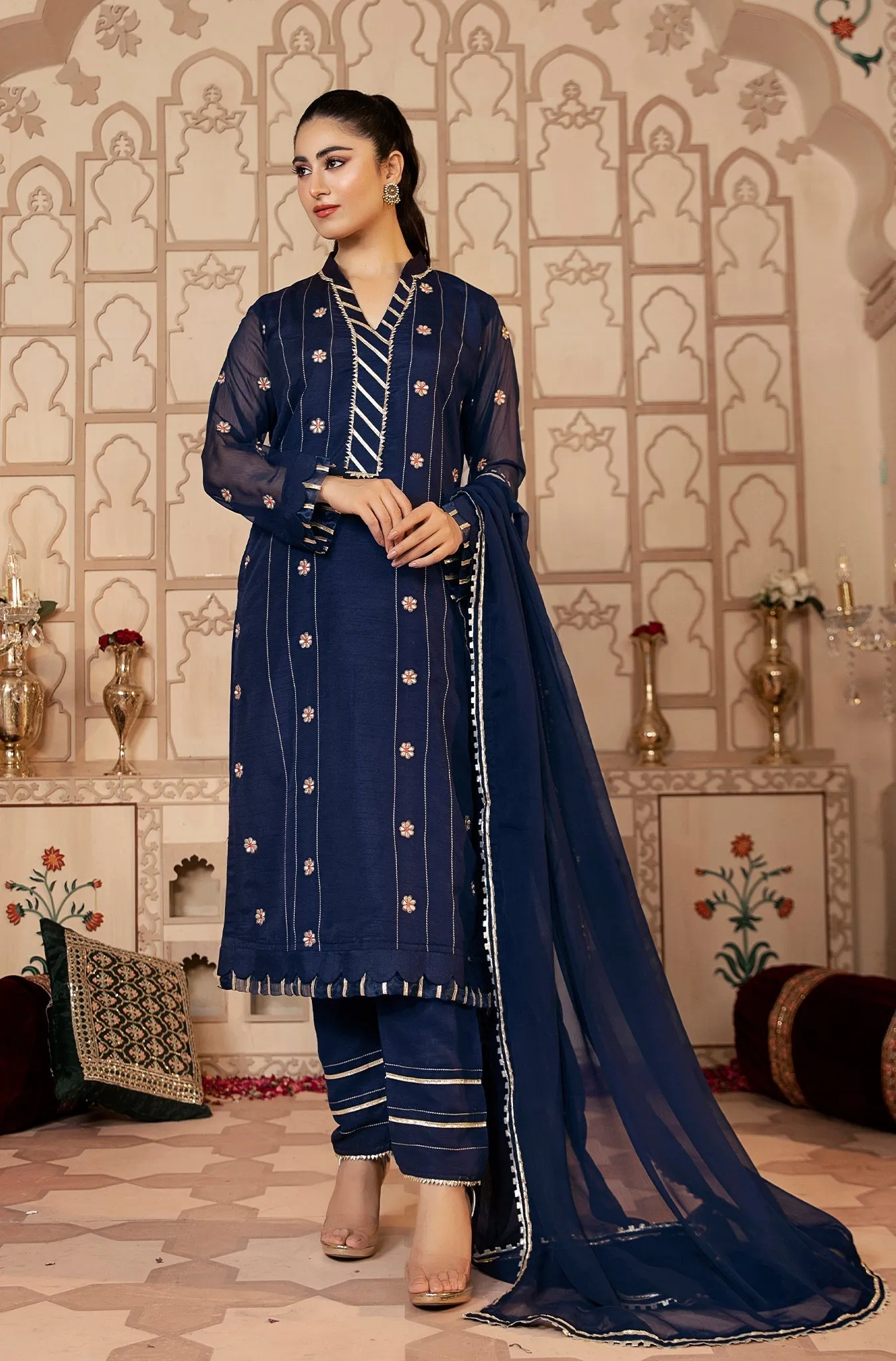 Navy Blue Floral Embroidered Festive Suit (Gohare Nayab)