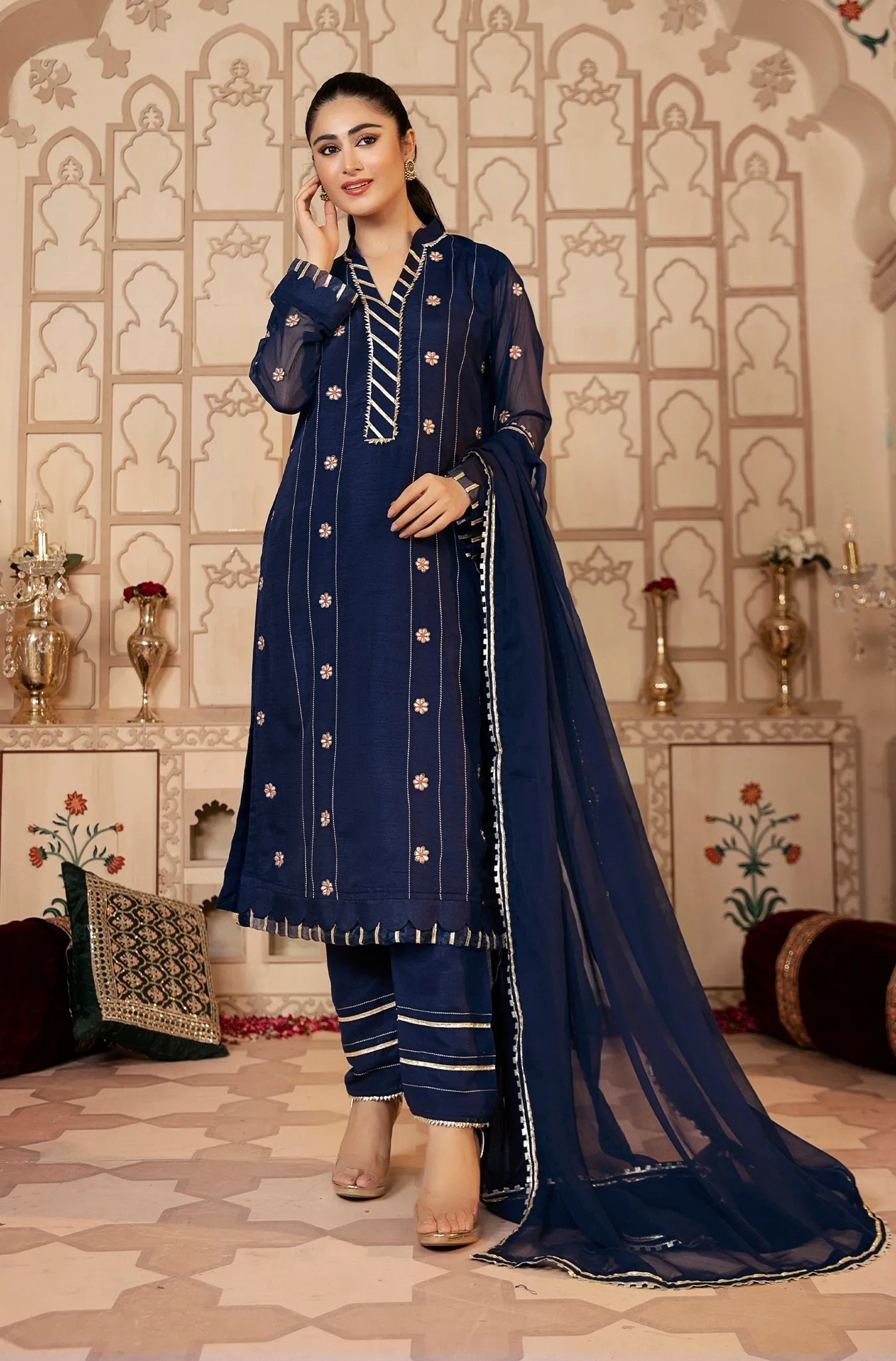 Navy Blue Floral Embroidered Festive Suit (Gohare Nayab)