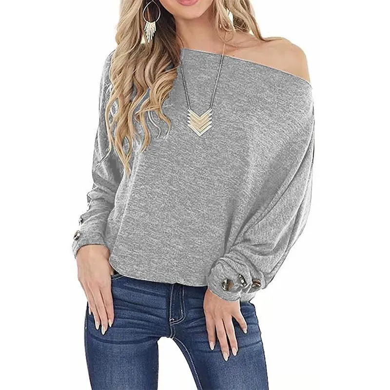 One-line off-shoulder solid color button loose long-sleeved T-shirt top