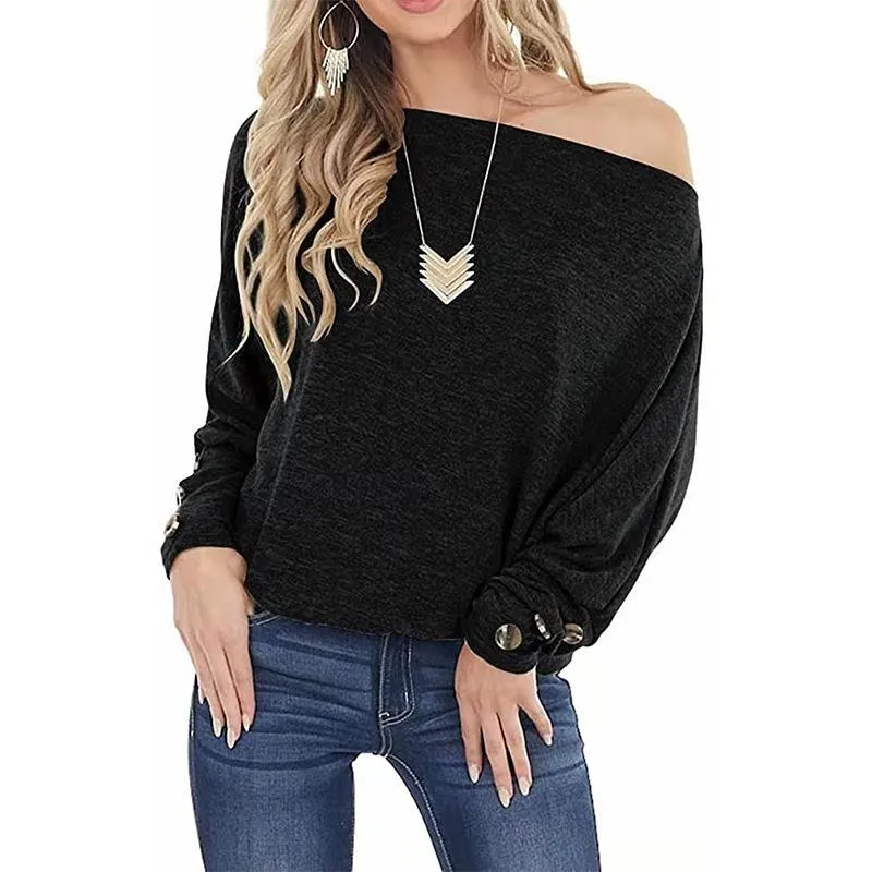 One-line off-shoulder solid color button loose long-sleeved T-shirt top