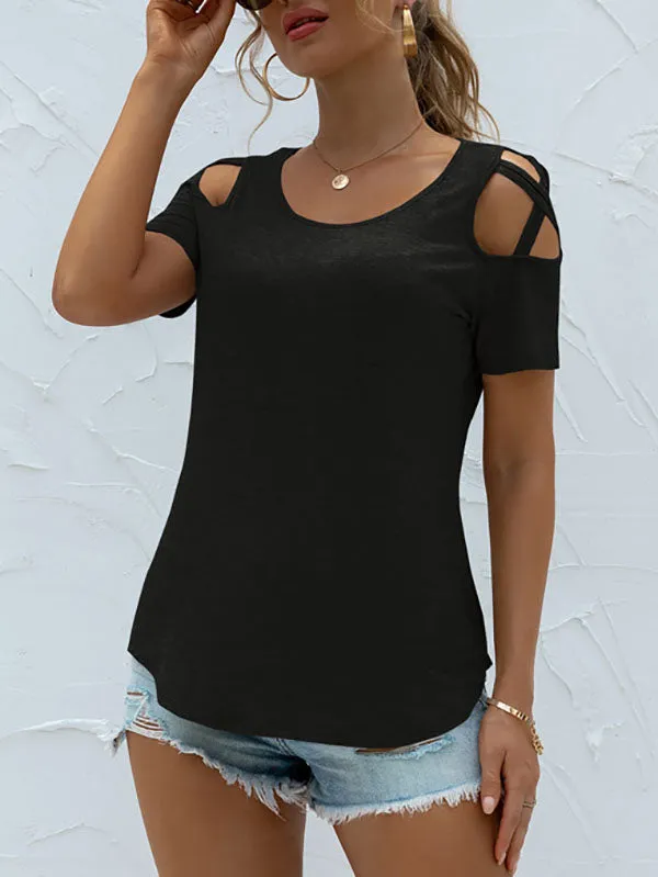 Original Creation Short Sleeves Hollow Solid Color Round-Neck T-Shirts Tops