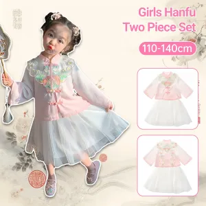 Pink and White Floral Girls Hanfu Two Piece Set