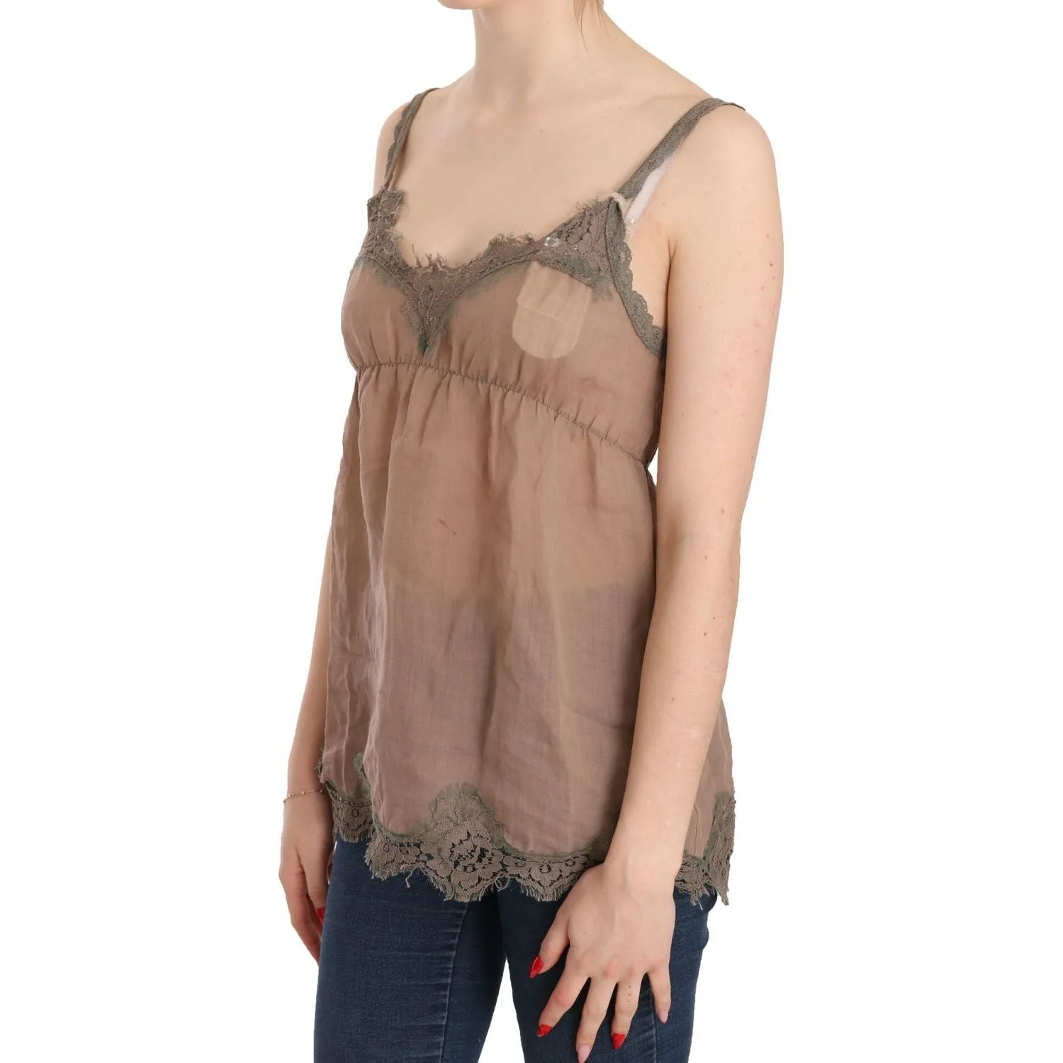 PINK MEMORIES Elegant Lace Brown Linen Blouse