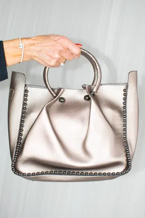 Ring Handle Studded Edging PU Bag in Pewter