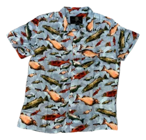 Salmon Print Blue AK Hawaiian Shirt