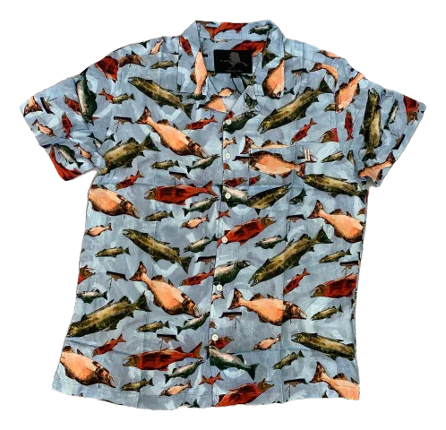 Salmon Print Blue AK Hawaiian Shirt