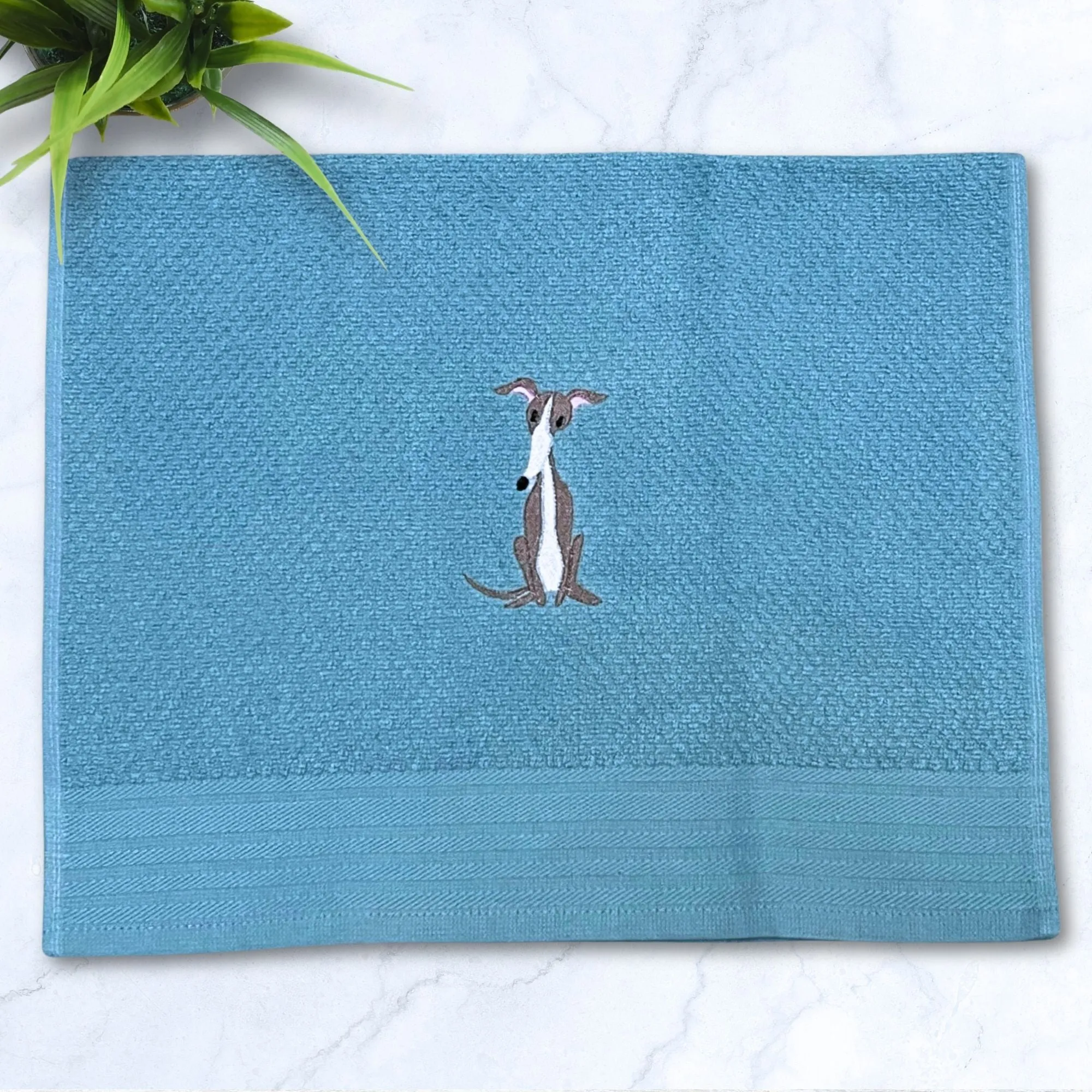 Sitting Italian Greyhound IG Whippet Turquoise Kitchen Hand Towel