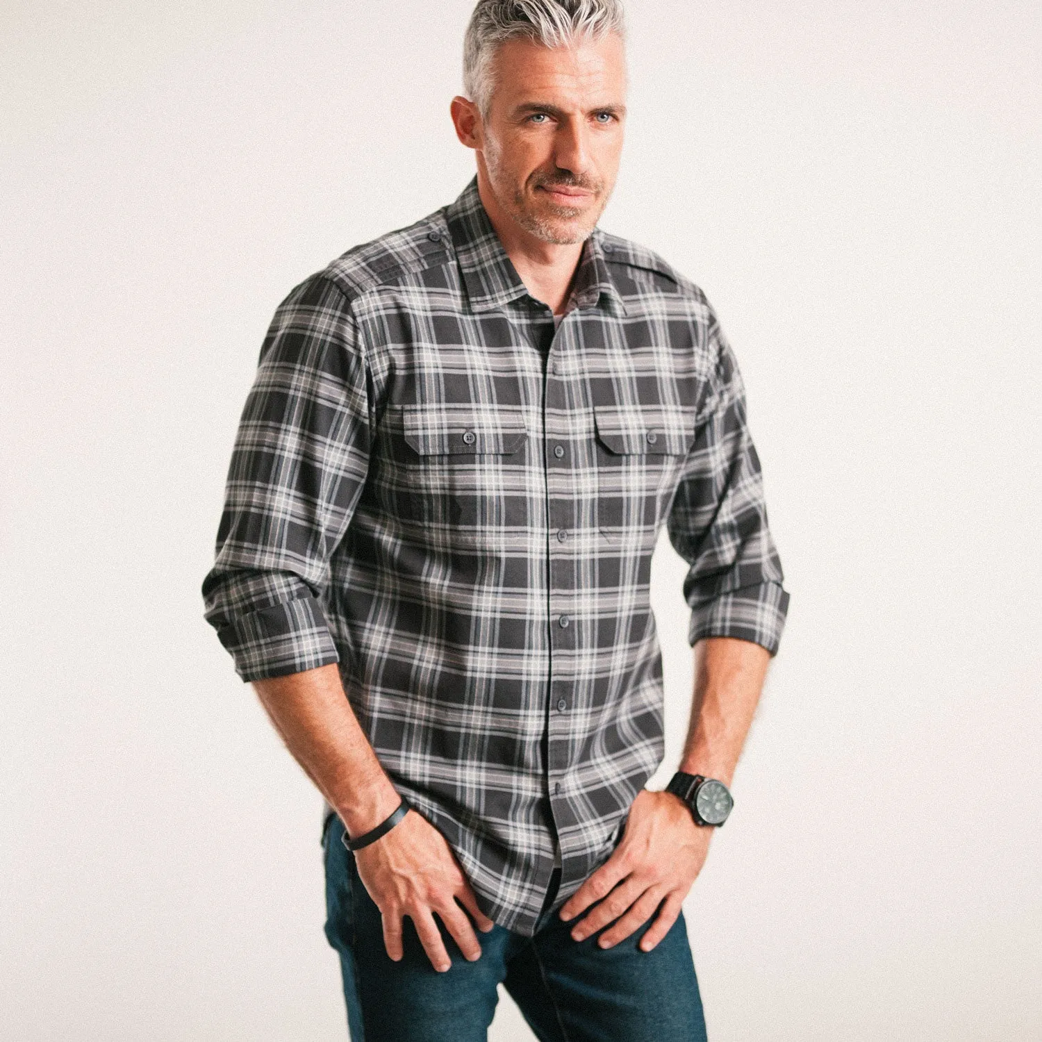 Smith Utility Shirt – Black & Gray Plaid Cotton Oxford