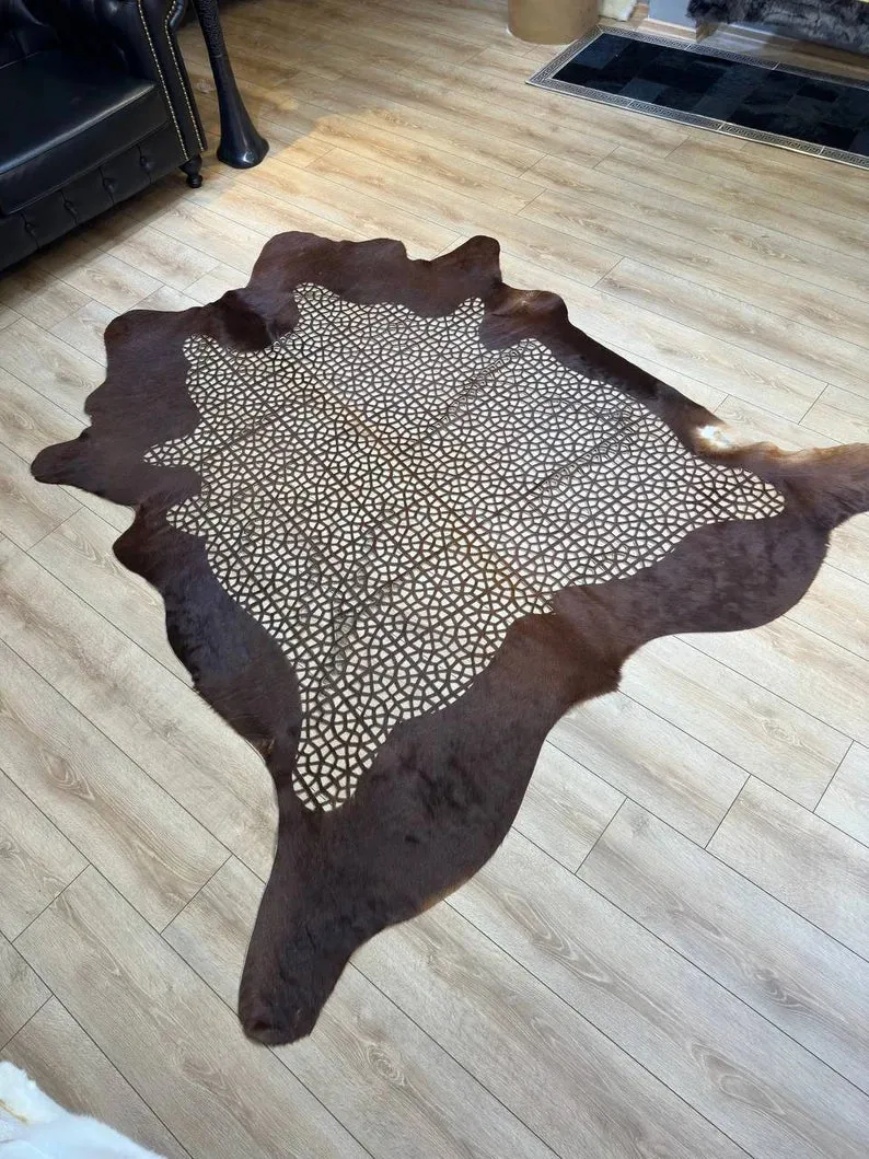 Special Laser Embroidered Calfskin Rug, Brown Natural Cow Hide Decor Rug