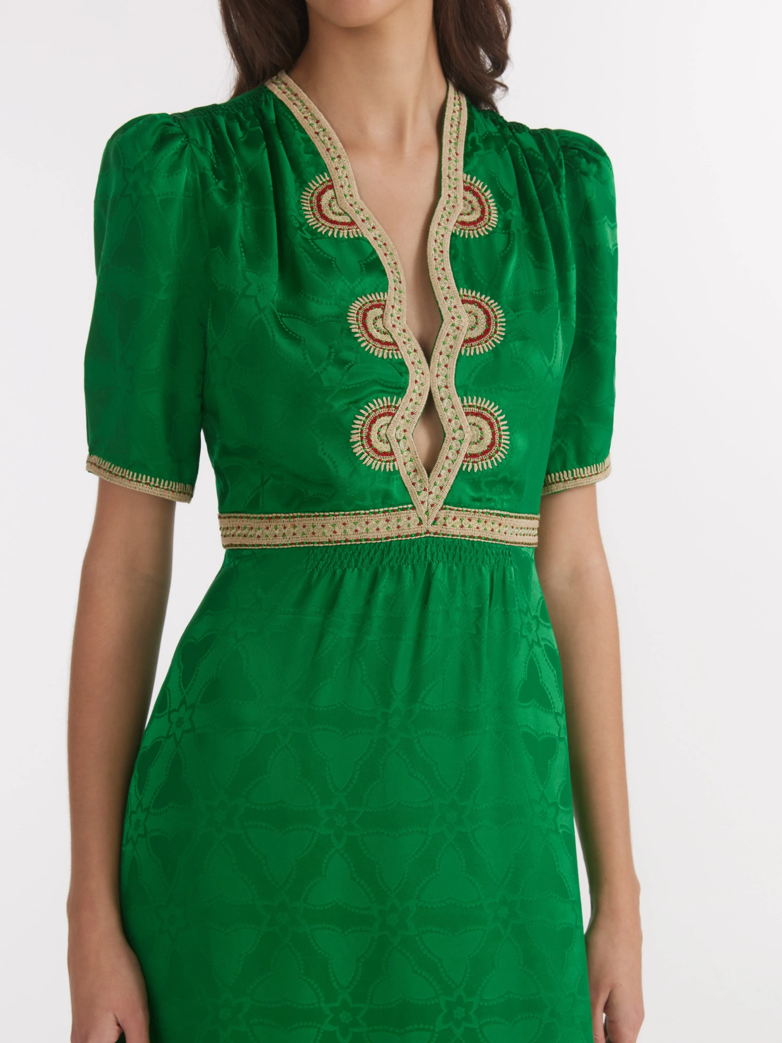 Tabitha C Dress in Emerald Green Ornate Embroidery