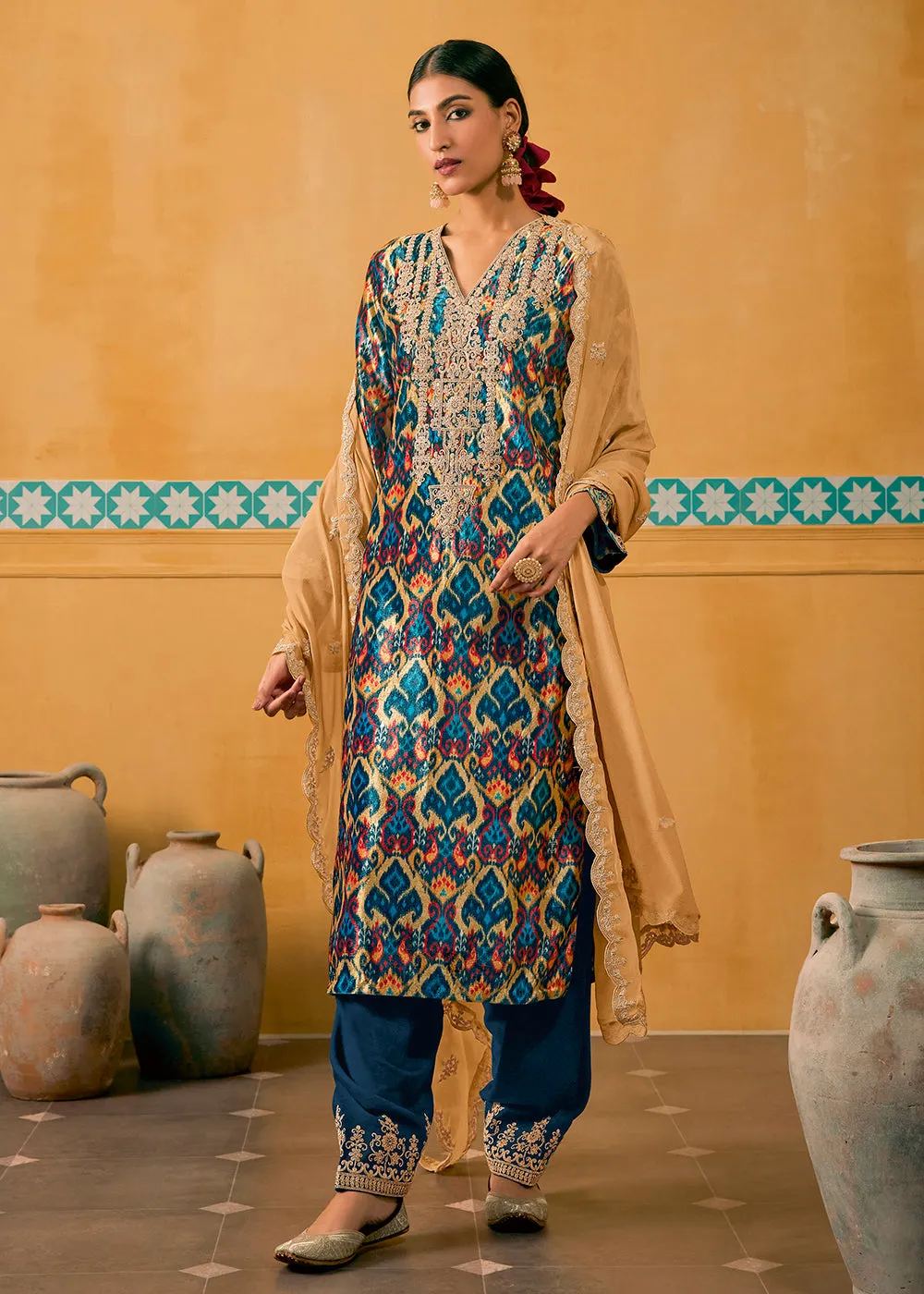 Teal Blue Multicolor Digital Printed Embroidered Velvet Salwar Suit