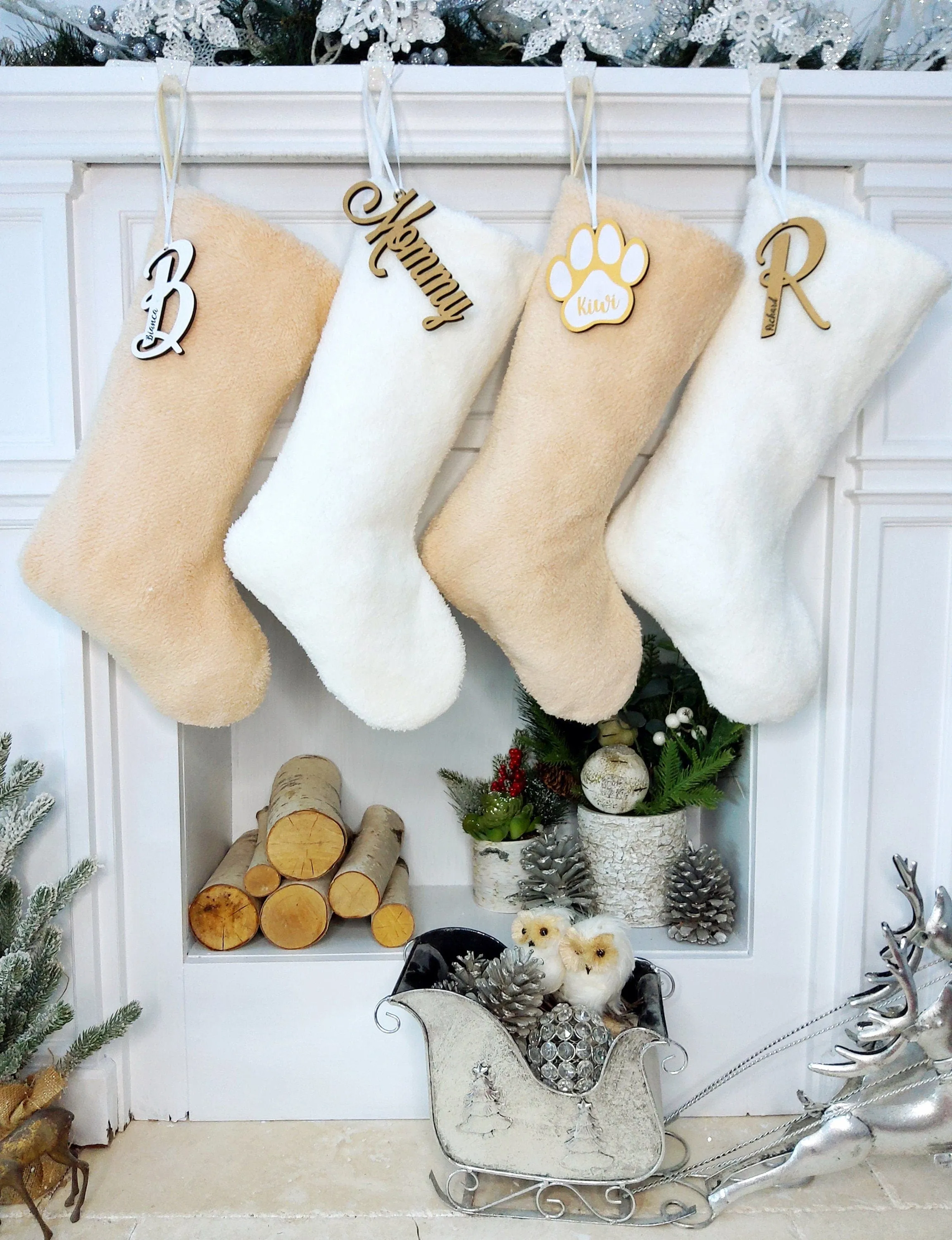 Teddy Sherpa Christmas Stocking Boho Neutral Personalized Initial Dog Paw Name Tag or Embroidered  Ivory Blush Christmas Family Stockings