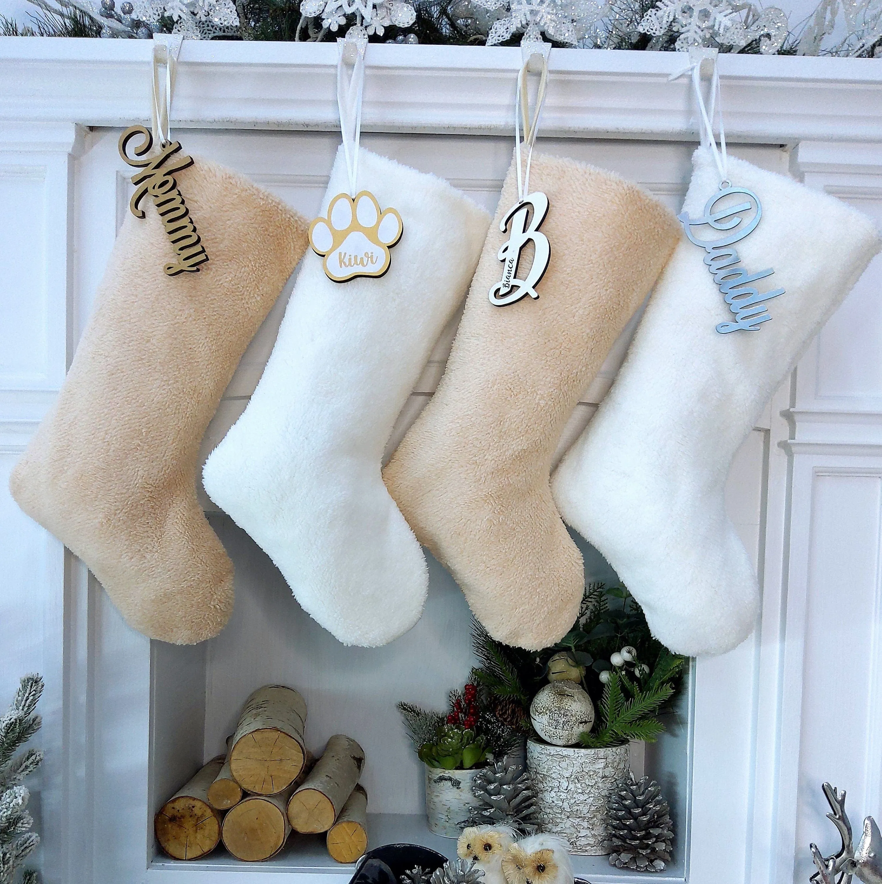 Teddy Sherpa Christmas Stocking Boho Neutral Personalized Initial Dog Paw Name Tag or Embroidered  Ivory Blush Christmas Family Stockings