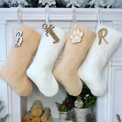 Teddy Sherpa Christmas Stocking Boho Neutral Personalized Initial Dog Paw Name Tag or Embroidered  Ivory Blush Christmas Family Stockings