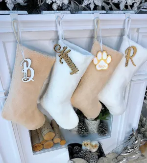 Teddy Sherpa Christmas Stocking Boho Neutral Personalized Initial Dog Paw Name Tag or Embroidered  Ivory Blush Christmas Family Stockings