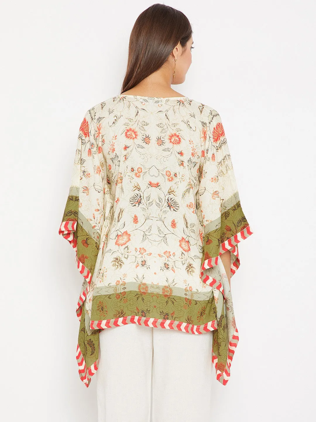 White And Green Hand Embroidered Kaftan Top