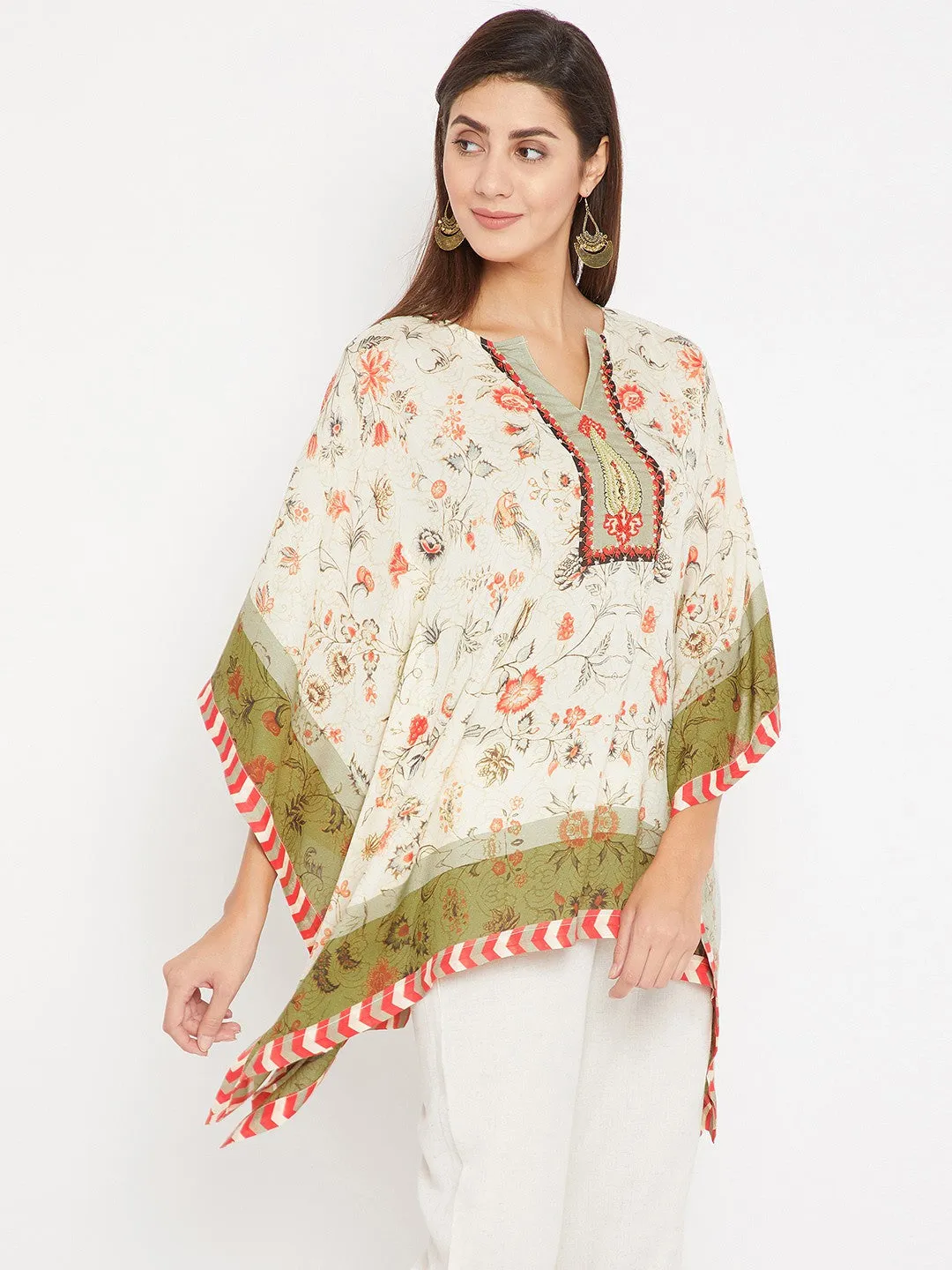 White And Green Hand Embroidered Kaftan Top