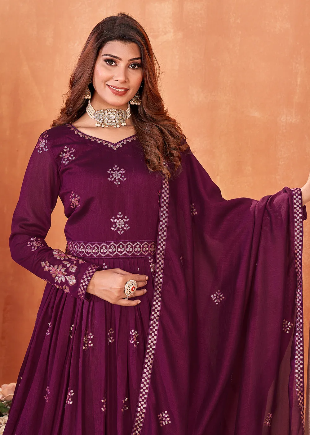 Wine Purple Festive Embroidered Art Silk Anarkali Suit